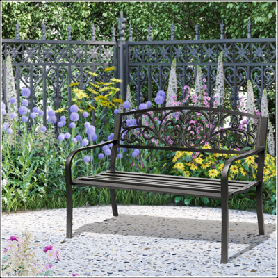 Elegant Metal Garden Bench With Floral Pattern Backrest, Perfect For Outdoor Relaxation And Aesthetic Appeal