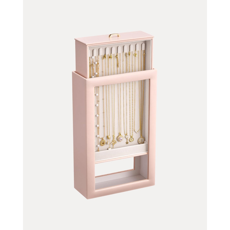 Boîte de rangement double face pour colliers à suspendre avec fenêtre transparente, 1 couche, Rose