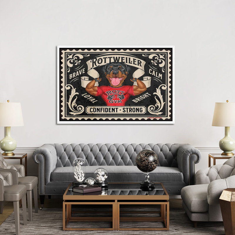 Rottweiler Muscles Stamp by Danny Gordon - Gallery-Wrapped Canvas Giclée on Canvas, White Floater Frame
