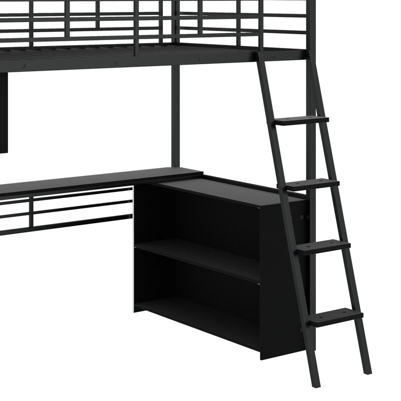 Twin Size Metal Loft Bed With LED, Desk And Storage Shelves, Twin