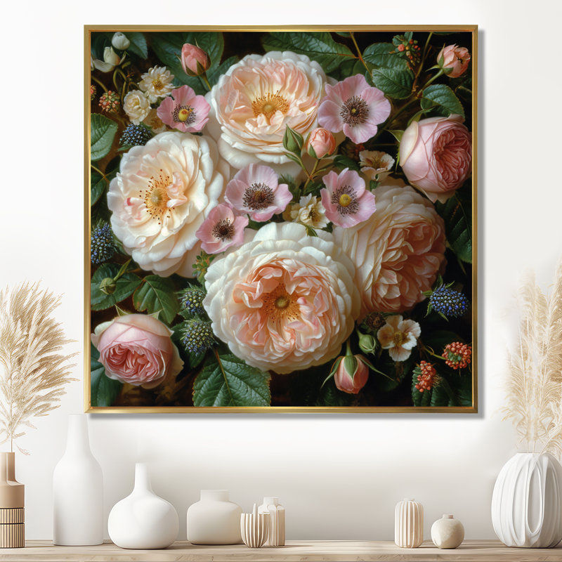 Blooming, rose, blanc, chrysanthèmes, Toile avec cadre flottant or, H 36 po x l 36 po x P 1,5 po