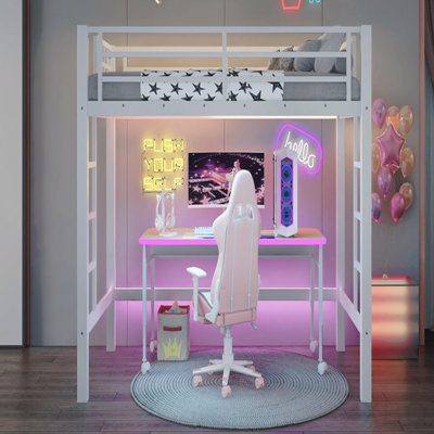 Twin Size Metal Loft Bed, Loft Bed with Easy Climbing Ladder and Guardrails , White