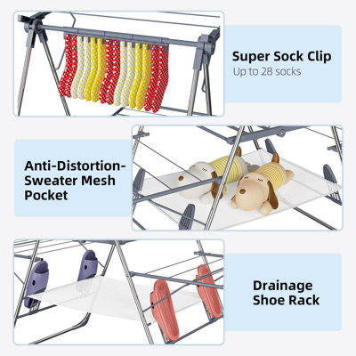 2-Tier 4-Wing Foldable Clothes Drying Rack with 33 Rails – Rustproof Laundry Stand with 10 Free Clips for Indoor & Outdoor Use