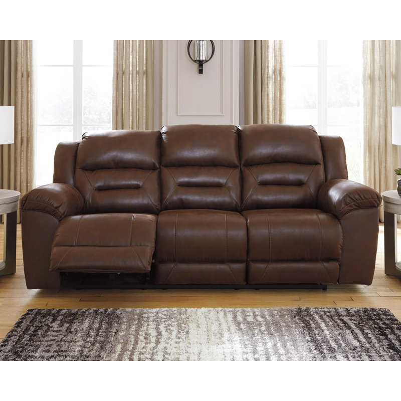 Reavis Faux Leather Pillow Top Arm Reclining Sofa, Chocolate Faux Leather, Power