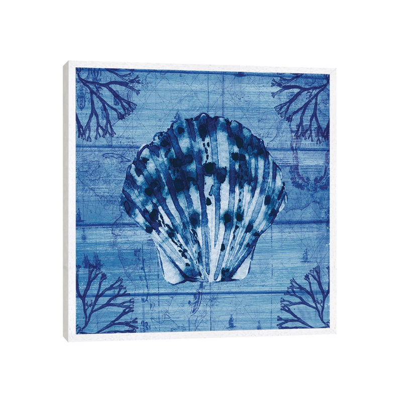 Indigo Scallop 1 Piece Wall Art on Canvas, 45.72cm H x 45.72cm W x 3.81cm D, White Floater Framed