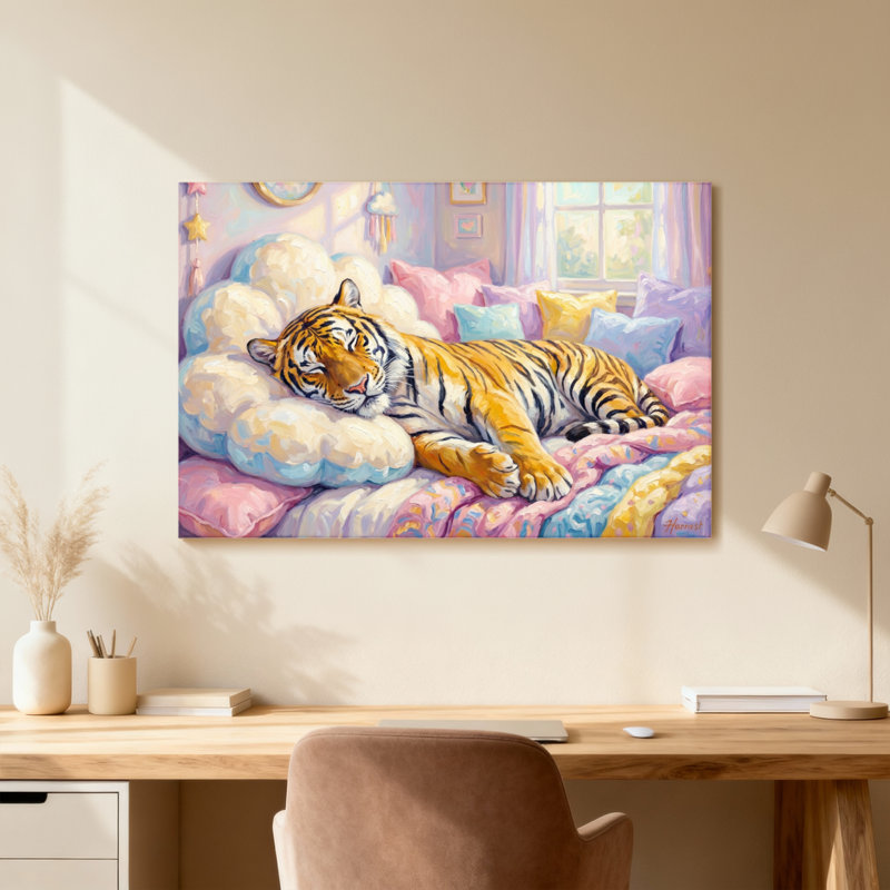 Animaux, tigre, reposant sur un lit coloré avec coussins, H 12 po x l 18 po, Toile tendue, Ne s’applique pas