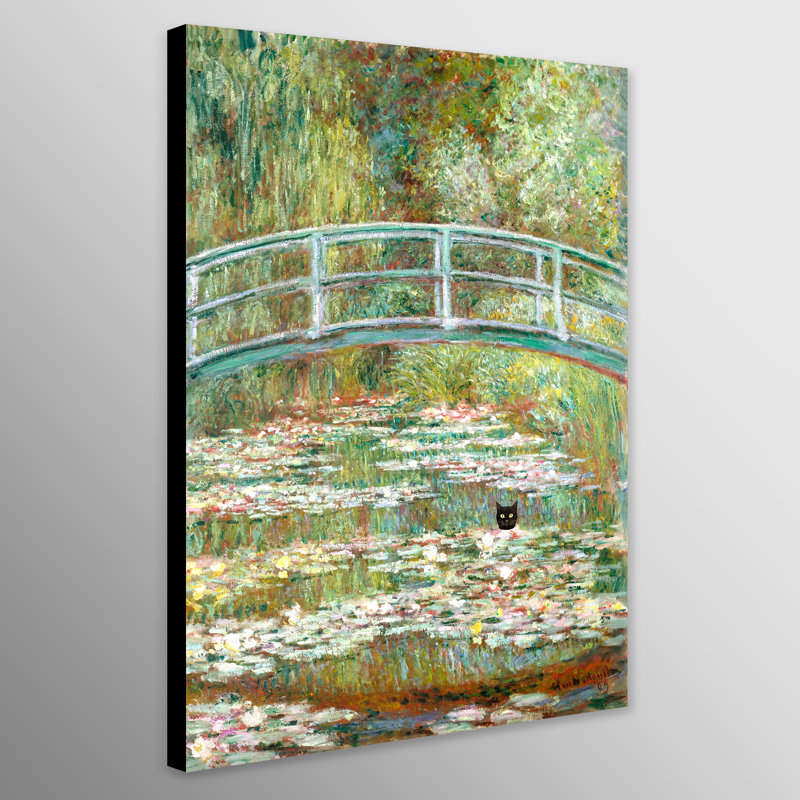 Bridge Over A Pond Of Water Lilies With Black Cat by Claude Monet - Wrapped Canvas Print, 61cm H x 41cm W
