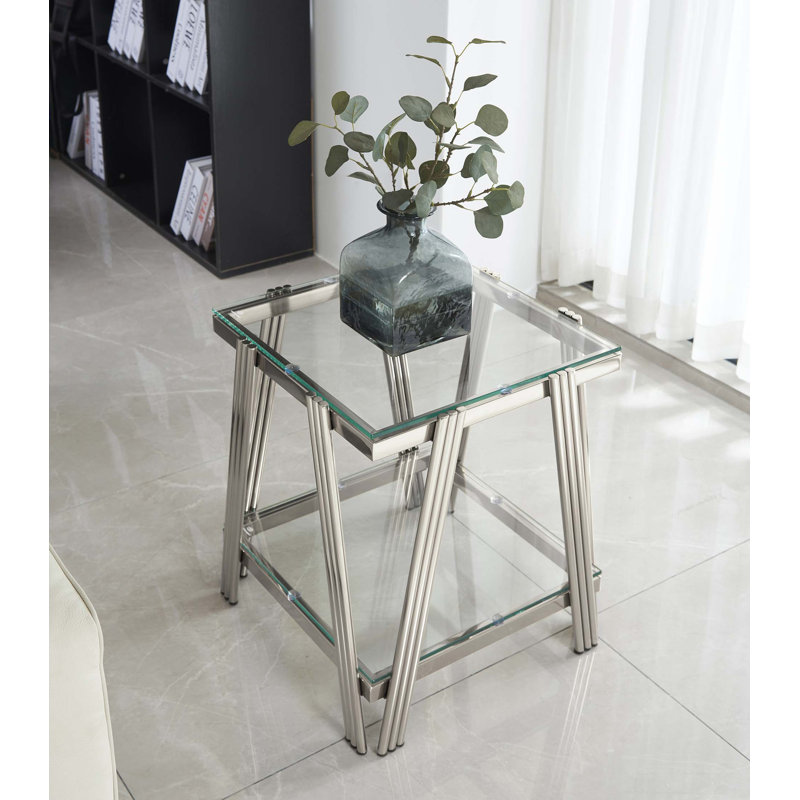 Table de bout carrée 20 pouces, table de bout moderne en acier inoxydable, table basse en verre trempé double couche, table d'appoint avec rangement