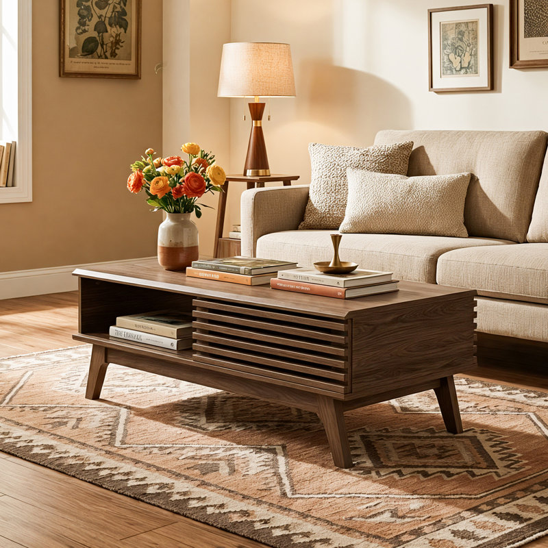 Rico 47.2" Mid-Century Coffee Table with Carved Cabinet and Open Shelf