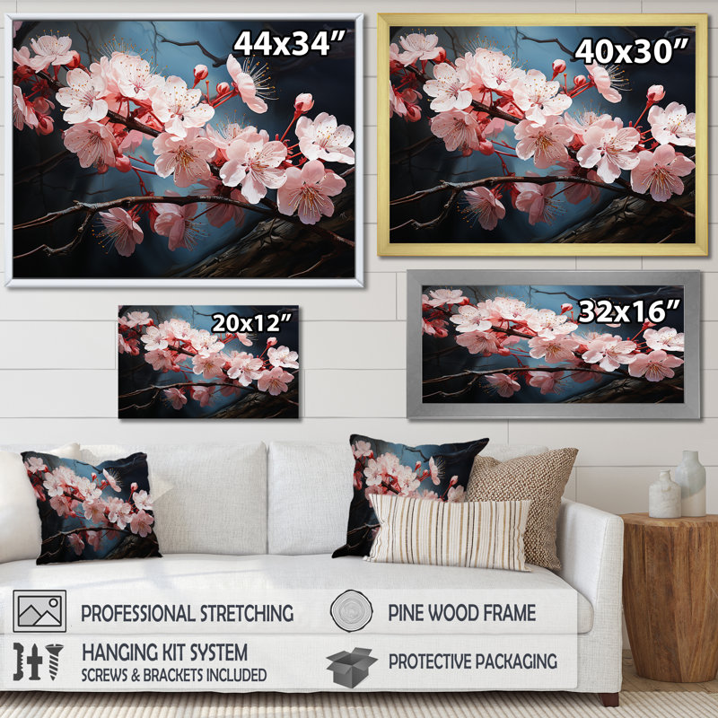 Arbre de fleurs de cerisier rose la nuit I - art mural cerise, H 30 po x l 40 po x P 1,5 po, Cadre de coin argenté fermé