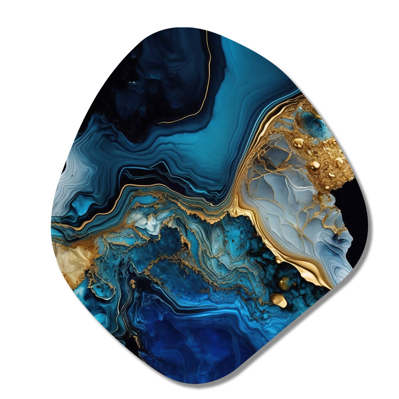 «Abstract Geode Gold and Blue Marble IV», art mural asymétrique en métal pour le salon, reproduction d'art moderne en forme de métal