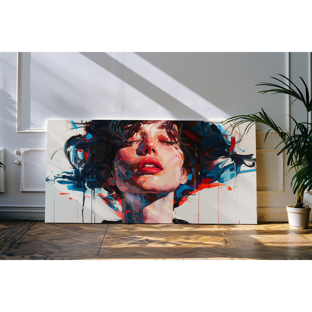 Wandbild 120x60cm Porträt einer jungen Frau roter Lippenstift Sonnenschein Kunstvoll