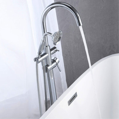 Floor Mounted Freestanding Tub Filler In , Solid Brass Build, Hand Shower For Versatile Use Bathtub Faucet Design, Handheld Shower, Luxury