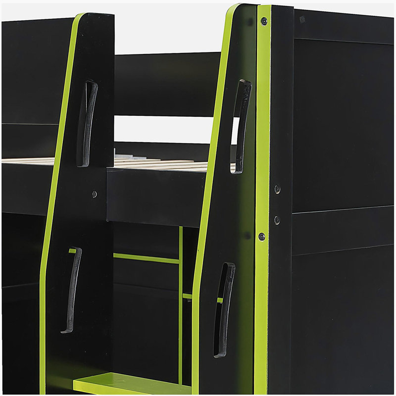 Lit mezzanine double en bois avec bureau, garde-robe ouverte, compartiments de rangement et lumières RVB, vert, Vert