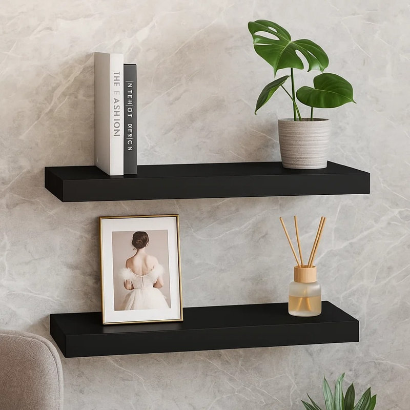 Maeve Floating Wall Shelf Set Of 2, Matte Black Finish, 24 Inch, Matte Black