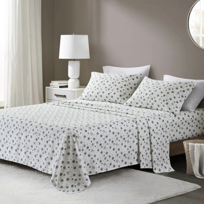 Ensemble de draps 4 pièces avec flocons de neige noirs, flanelle 100% coton, dimensions surdimensionnées allant jusqu'à 18 po de hauteur, douceur supérieure, drap-housse élastique, pré-rétréci