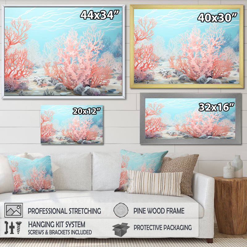 «Coastal Coral Beauty Under Water I», reproduction sur toile, H 12 po x l 20 po, Cadre flottant blanc