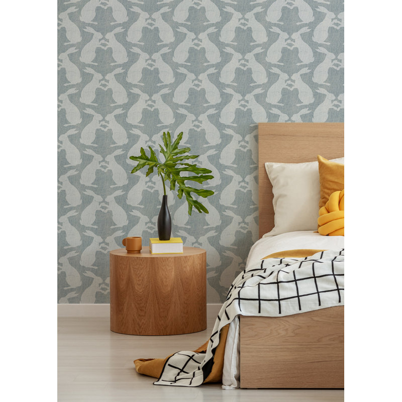 Kids Rabbits 10' L x 24" W Peel and Stick Wallpaper Tile, Pewter Blue, Faux Grasscloth, Non-pasted