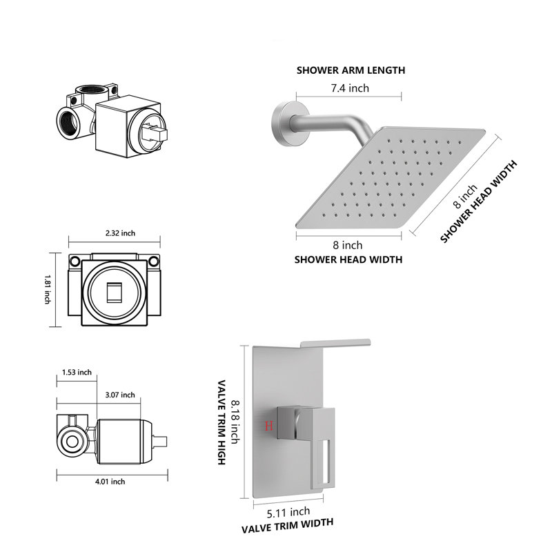 Topcraft 8-Inch Square Rainfall Shower System, Brushed Nickel