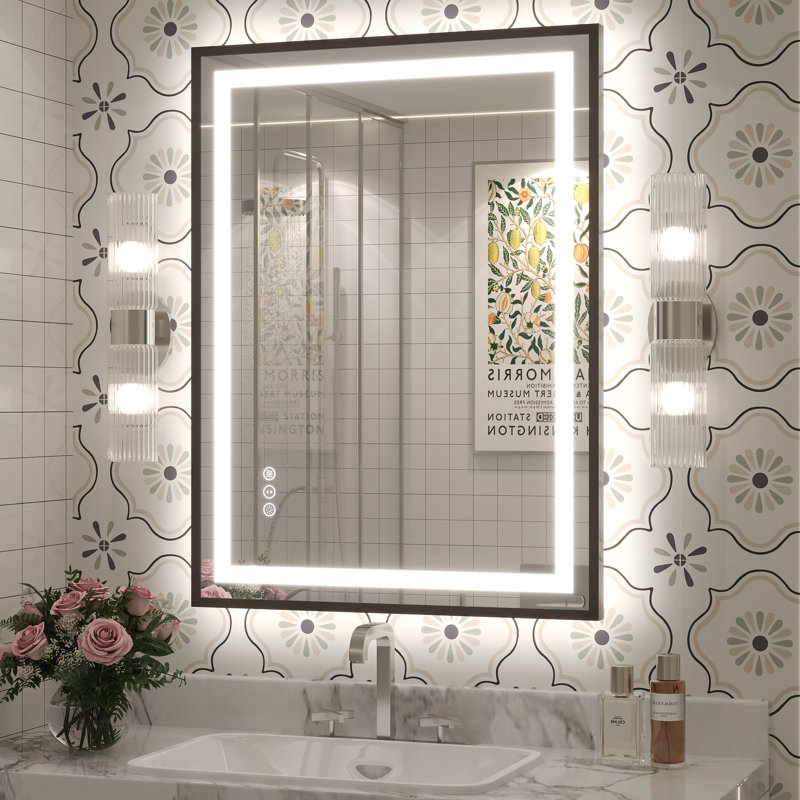 Molly Framelss or Framed LED Anti-Fog Tempered Glass Wall Bathroom Vanity Mirror - UL Certified, 32" x 24", Black