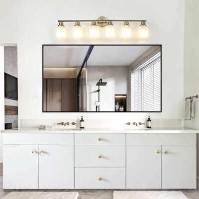 39" Bathroom Vanity Light - 6-Light Golden Metal, Frosted Glass Shades, Modern Wall Sconce