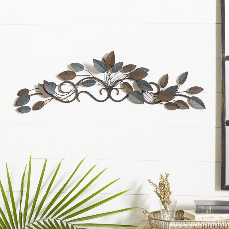 Traditional Plants & Flowers Wall Decor on Metal, Blue, 10" H x 35" W x 1" D