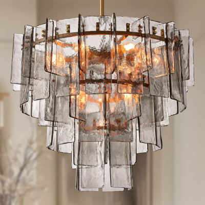Lustre en verre à niveaux or 36 po, luminaire suspendu moderne 10 lumières avec douilles E26, tige réglable, panneaux de verre inclus, ampoules DEL blanc chaud pour la salle à manger, le salon, le vestibule