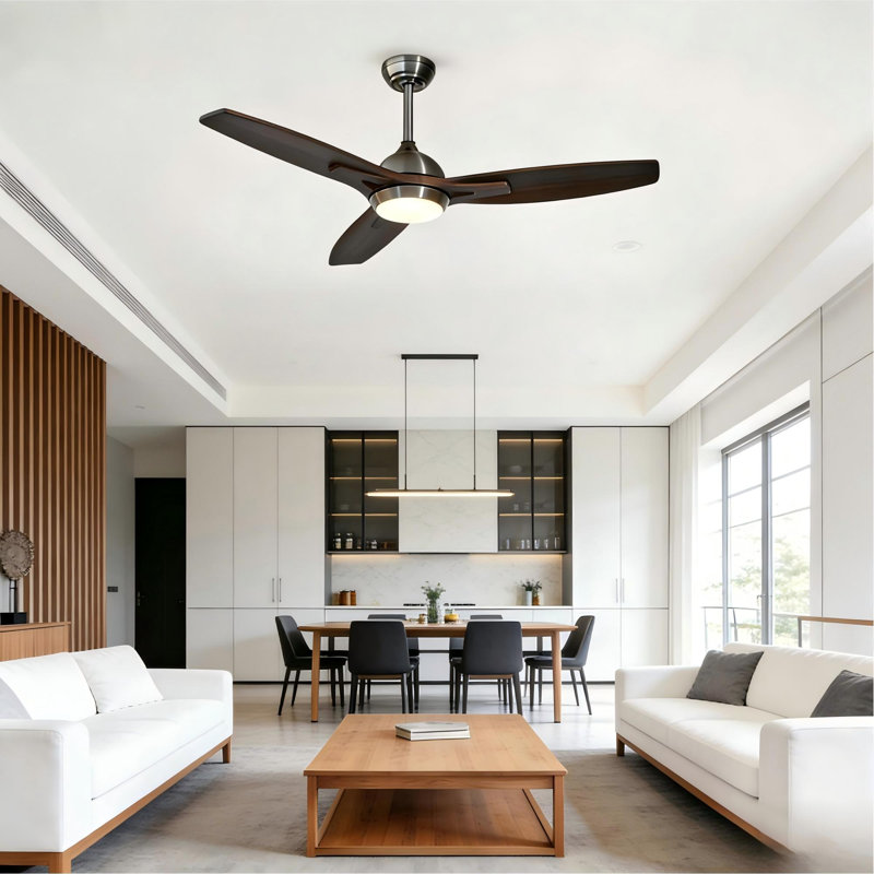  52" Nickel 3 Solid Wood Blades Ceiling Fan with Light, Nickel, Gray