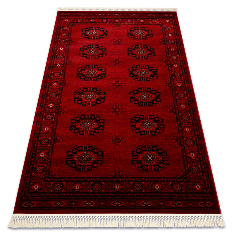Luca 6871 – Elegant rug with fringes in burgundy & black – Classic Lucaal rug with ornamental & frame pattern