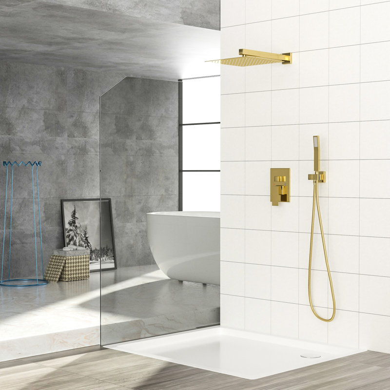 10 Inch Square Shower System - Gold Dual Head With Handheld Option And 360 Adjustable Spray Patterns Wall Mounted Balance Valve Easy Installation