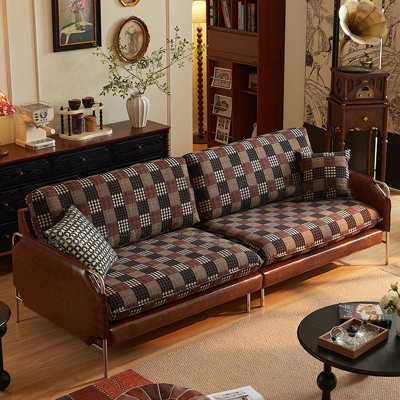 American Retro Brown Plaid Fabric & Faux Leather Sofa, 2/3-Seater Straight Sofa with Removable Washable Covers