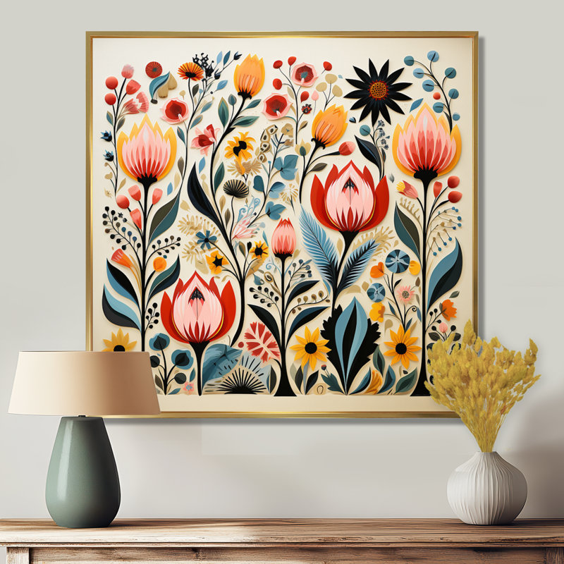 «Retro Vibrant Spring Flowers I - Wildflowers», reproduction d'art murale, Toile avec cadre flottant or