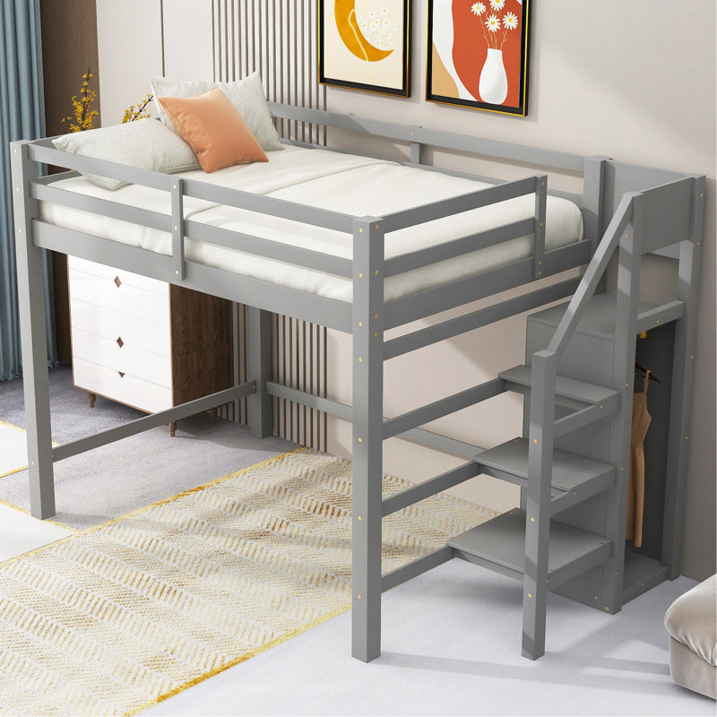 Full Size Loft Bed With Built-In Storage Wardrobe And Staircase, Gray