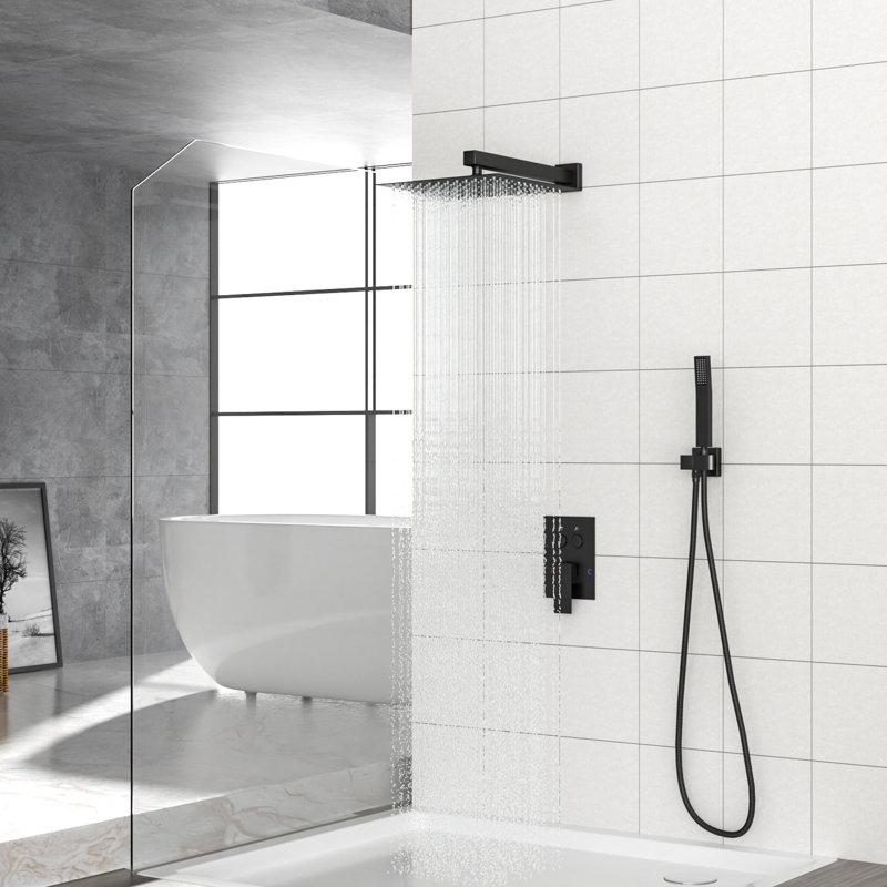 12 Inch Square Dual Shower Head Wall Mounted Matte Black System With - Scald Balanced Valve, Ultra Thin Rainfall Shower, 360 Adjustable And Multifunctional Design System, Balanced, Handheld For