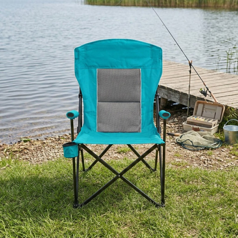 Modern High Back Outdoor Folding Chair with Cup Holder for Camping Patio and Lawn Use, Blue