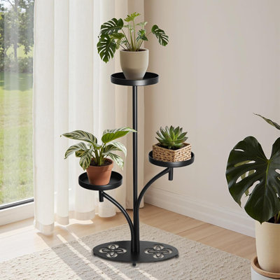 Indoor 3 Tier Black Plant Stand, Tall Metal Plant Stand, Heavy-duty Base in the Shape