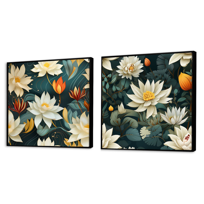 Fairwinds - Ensemble de 2 collages carrés floraux, Cadre flottant noir, H 16 po x l 33 po