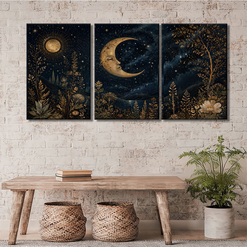 Reproduction d'art sur toile or, soleil, lune, étoile, paysage nocturne, ciel nocturne céleste, H 12 po x l 24 po x P 1 po
