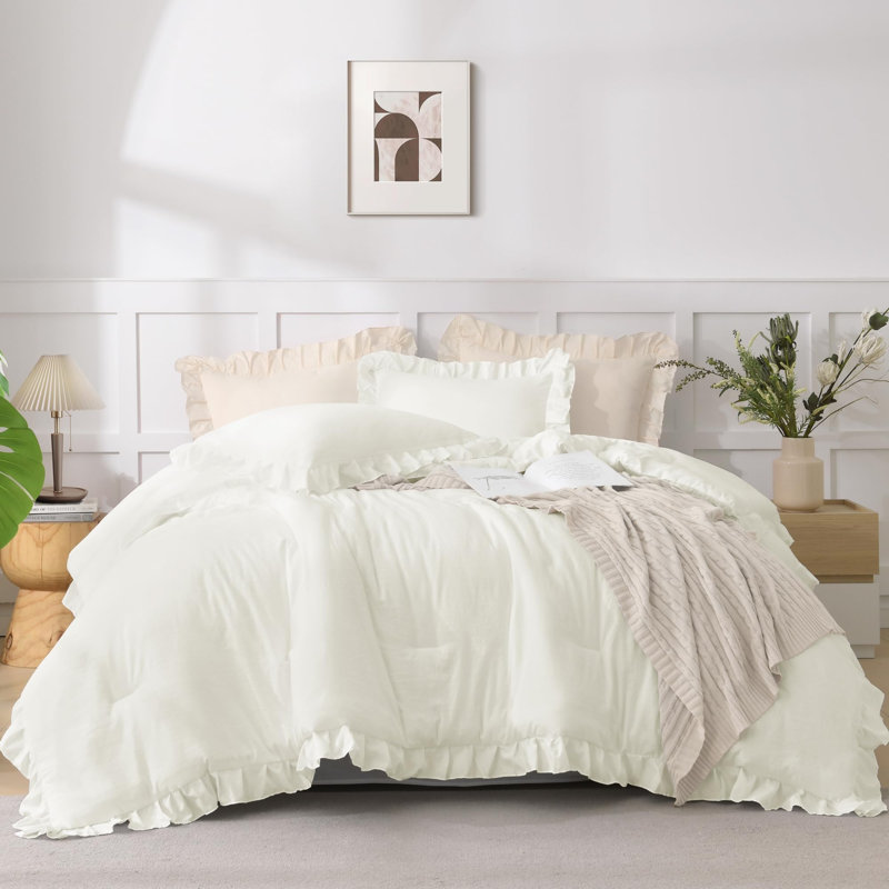 Andency Oversized King Ruffle Comforter Set 120x120, 3 Pieces Ivory Lightweight Fluffy Super King Bedding Set, Shabby Chic Famhouse All Season Bed Set for Girls Women