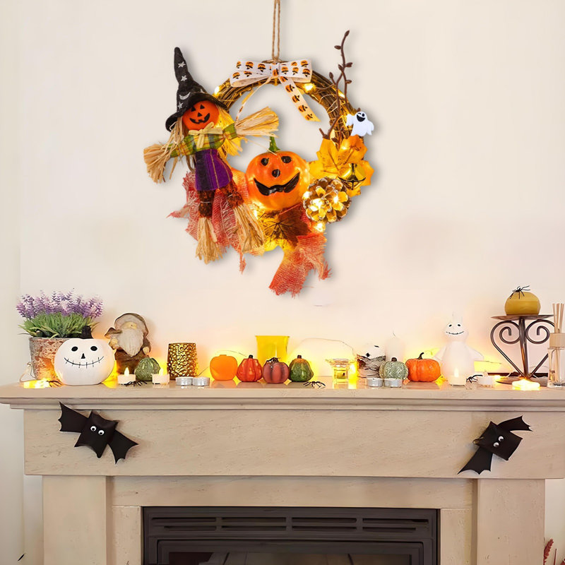 Couronne d'Halloween avec lumières Spooky Pumpkin Ghost, C