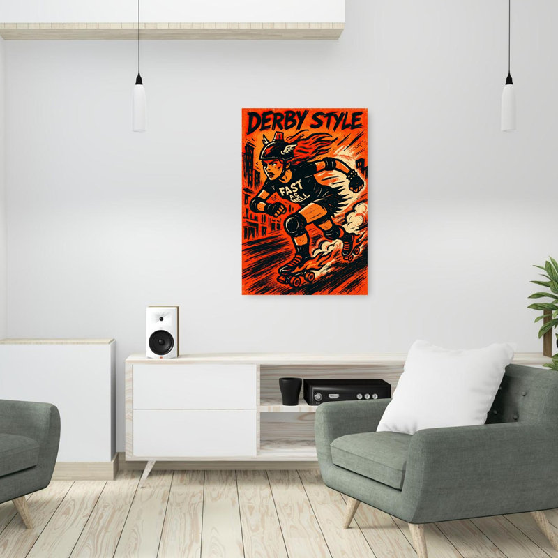 Flaming Roller Derby Energetic Retro Abstract City Landscape Wall Art Print by Natalie Bruns - Wrapped Canvas Print