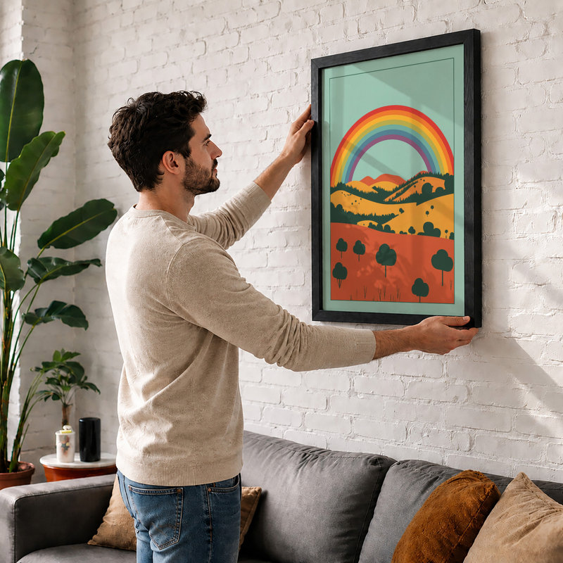Rainbow Over Hills Geometric - Print, A4 - 29.7 x 21.0 cm, White