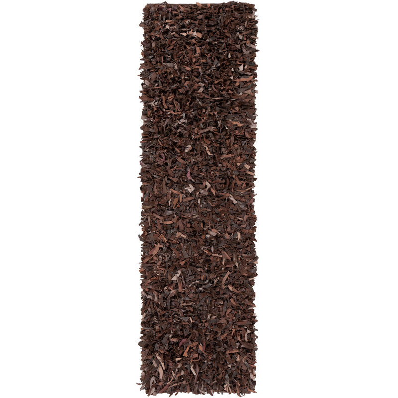 Tapis d'intérieur à poils longs en cuir brun et gris tissé à la main Jawawn, Tapis de couloir 2 pi x 7 pi 6 po