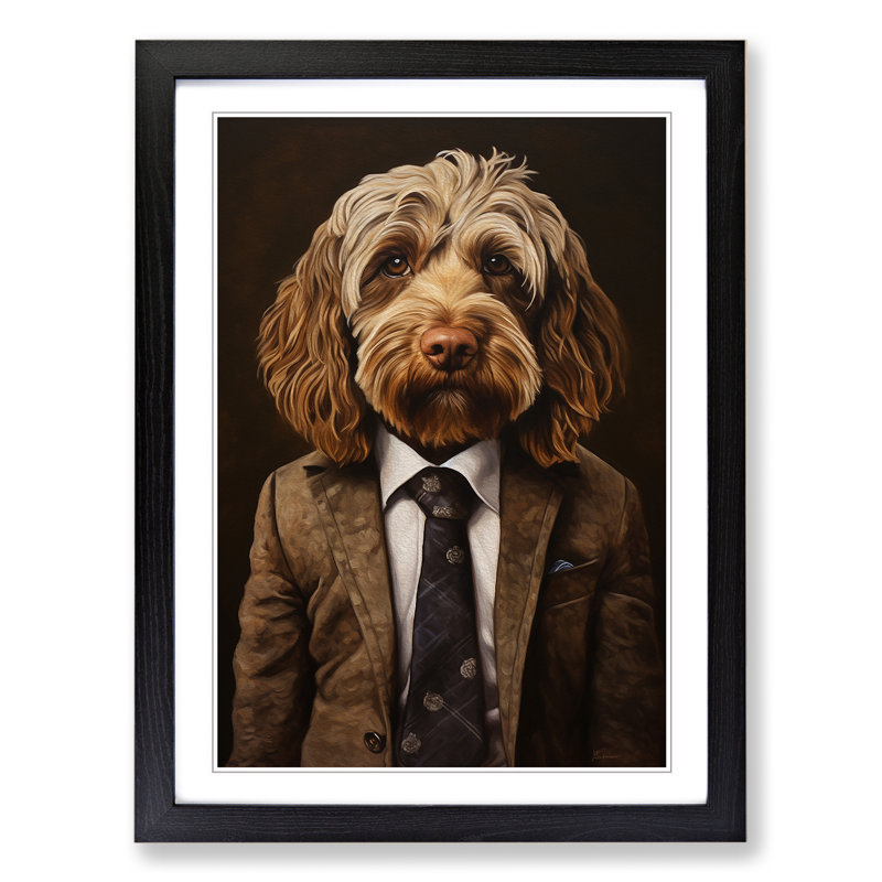 Cockapoo In A Suit Painting - Single Picture Frame Print on Wood, Black Framed, 64cm H x 46cm W x 2cm D