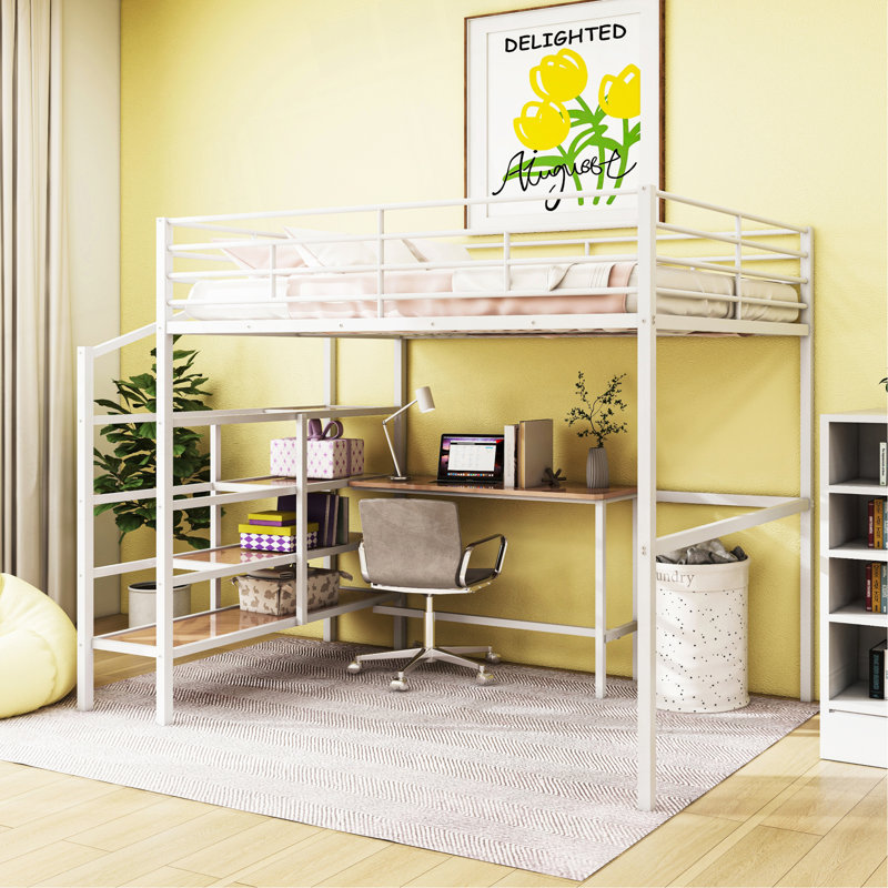 Lit mezzanine double en métal avec bureau et échelle de rangement latérale, Blanc