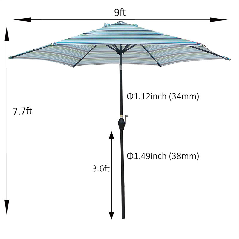 Parasol de marché avec manivelle Lucreshia, Rayures bleues, H 92,4 po x l 108 po x P 108 po