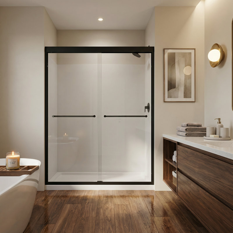 44-48 In. W X 72 In. H Double Sliding Shower Door, Semi-Frameless Bypass Bathroom Sliding Door With 1/4" (6Mm) Tempered Glass For Walk-In Shower,Matte Black