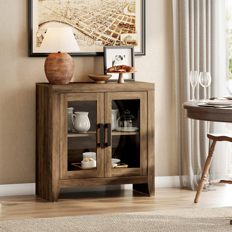 Meuble télé pour téléviseur de 50 po ou moins Farmhouse, centre de divertissement en bois rustique avec tablette réglable, portes et rangement en verre, meuble média pour salon, chambre à coucher, brun