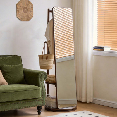 Miroir rotatif pleine grandeur avec portemanteau, miroir de rangement autoportant en bois massif pour le salon de la chambre à coucher