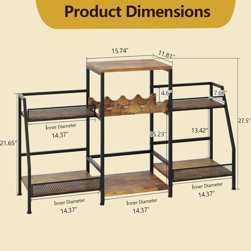 Armoire de bar autoportante à 4 niveaux, support à vin en fer et bois avec garde-corps de protection, tablette de grande capacité pour les bouteilles et les boissons, organisateur de bar pour la maison, brun
